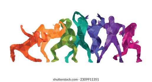 Detailed vector colorful illustration of silhouettes of expressive dancing girls. Jazz funk, hip hop, house dance. dancer.