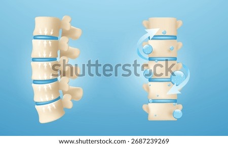 Detailed vector comparison of healthy spinal discs showing fluid flow, nourishment, and elasticity. Features abstract arrows. Ideal for joint supplements or collagen ads.