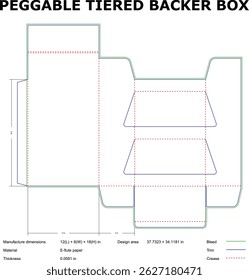 Detailed vector diagram of a peggable tiered backer box diecut with dimensions and design features for packaging purposes.