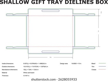 Detailed vector diagram of a shallow gift tray box dieline showing measurements and dimensions