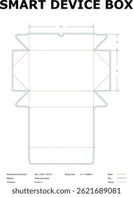Diagrama de Vector detallado de un diseño de embalaje de caja de dispositivo inteligente que muestra las dimensiones de fabricación y las especificaciones para la producción de cartón