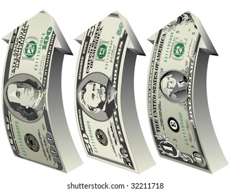 A detailed vector drawing of a 100, 50 and 1 dollar bills forming arrows