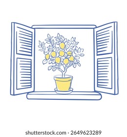 Detailed vector drawing of a blooming lemon tree in a pot placed near a shuttered window. Mediterranean botanical home decor, fresh summer Italian vibe