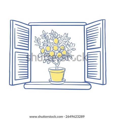 Detailed vector drawing of a blooming lemon tree in a pot placed near a shuttered window. Mediterranean botanical home decor, fresh summer Italian vibe