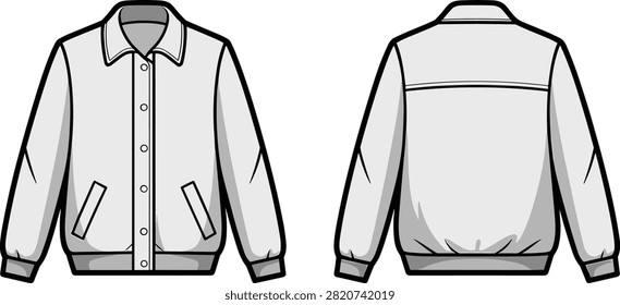 Detailed vector drawing of a casual men's jacket featuring a classic collar, button fasteners, and ribbed hem for a relaxed fit.
