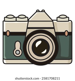 A detailed vector drawing of a classic camera, featuring a vintage-inspired design with a prominent lens, buttons, and textured body.