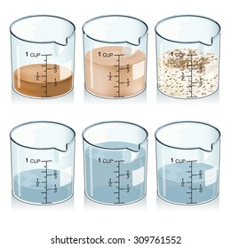 Dibujo vectorial detallado de / Medición de ingredientes de la copa / Cada objeto está aislado en grupos y es fácil de editar capas, fácil de editar cantidades de ingredientes en tazas. Transparencias de degradados 