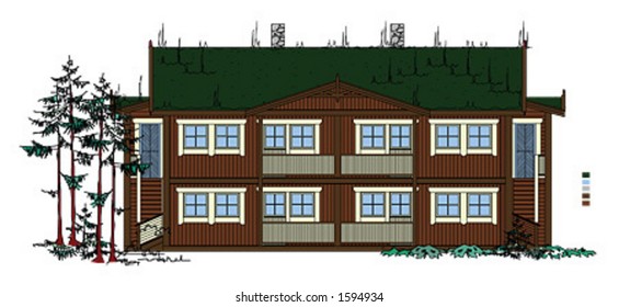 Detailed vector drawing of traditional style wooden house with grass roof. Very detailed. Front view.