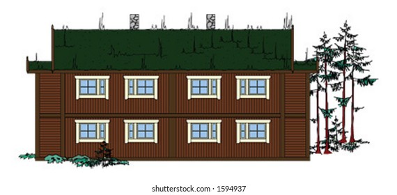 Detailed vector drawing of traditional style wooden house with grass roof. Very detailed. Back view.