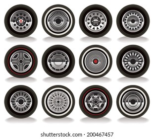 Detailed vector drawing of a variety of retro wheels.