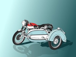 Detailed Vector Drawing Of A Vintage Bike And Sidecar/ Bike And Sidecar/ Easy To Edit Layers, Lots Of Copyspace, Only Gradients Used In Background.