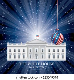 detailed vector drawing of the White house facade on blue burst background with stars, Christmas patriotic ball, USA flag, editable and layered