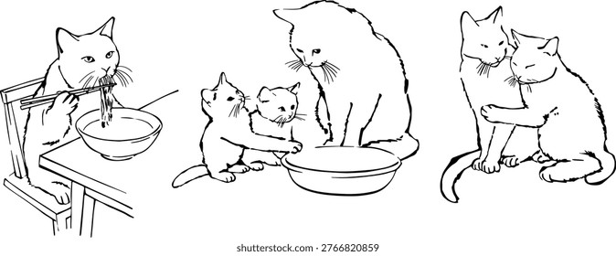 Detailed vector drawings of three cats, each with a distinct appearance and posture, against a plain white background.