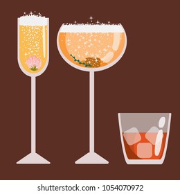 Detailed vector drinks in glasses: champagne cocktails and whiskey with ice cupes