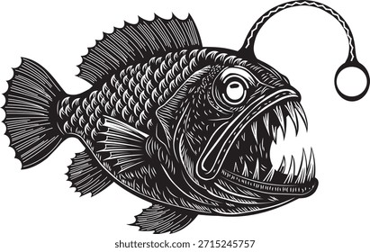 Detaillierte Vektorgravur eines Anglerfisches einzeln auf weißem Hintergrund. Tiefsee Monster Illustration mit scharfen Zähnen und Köder im Vintage-Ätzstil.