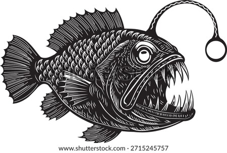 Detailed vector engraving of an angler fish isolated on a white background. Deep sea monster illustration with sharp teeth and lure in vintage etching style.