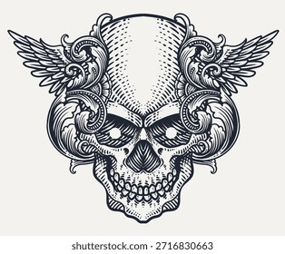 Ilustração detalhada de gravura vetorial de um crânio humano alado adornado com filigrana barroca ornamentada, renderizada em preto sobre um fundo bege.