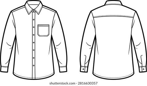 Detailed vector flat sketch of a classic long sleeve collared shirt. Features front and back views for fashion design, textile projects, and technical drawings.