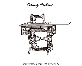 Detailed vector graphic of a classic sewing machine with clean lines and simple design. Perfect for crafts, fashion, tailoring, and DIY project visuals. Versatile for print and digital use.