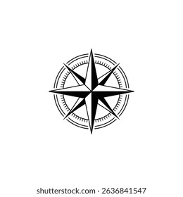 A detailed vector graphic features a black and white compass rose symbol. The compass rose includes points of direction and circular degree markings.
