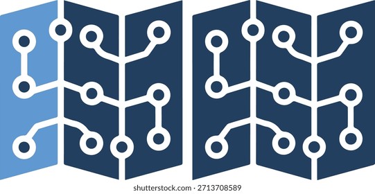 Eine detaillierte Vektorgrafik mit einem Leiterplattendesign mit weißen Linien und Kreisen auf blauen Platten, die von hellblau nach dunkelblau abgestuft sind