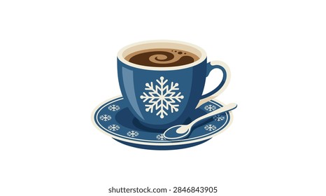 A detailed vector graphic featuring a deep blue ceramic coffee mug decorated with a large white snowflake motif. The mug sits on a matching blue saucer adorned with smaller white snowflakes around the rim. A small white spoon rests on the saucer, and the cup is filled with dark coffee or hot chocolate featuring a decorative cream swirl on the surface.