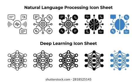 Detailed vector graphic icon set displaying natural language processing and deep learning neural network structures in bold black and blue styles for modern digital interface design