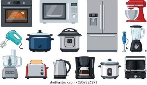 Detailed vector graphic illustration showcasing a collection of modern kitchen appliances for cooking food and preparing delicious home meals daily