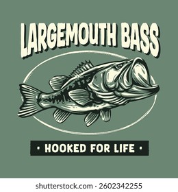 Detailed vector graphic of a largemouth bass. Ideal for branding and apparel. Artwork is hand drawn.