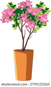 Detailed vector graphic of a Mediterranean pink flower bush in a terracotta ceramic planter.