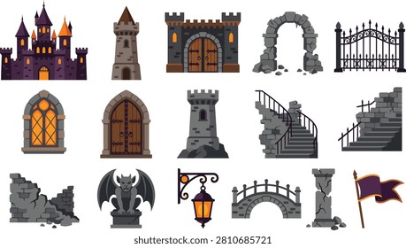 Detailed vector graphic set featuring various medieval castle elements like stone towers gates walls gargoyles stairs and iron lanterns isolated