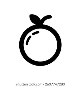 Detailed vector graphic showcasing a black outline of an orange featuring two leaves at the top and minor details illustrating a realistic appearance.