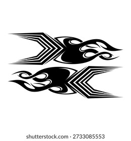 A detailed vector graphic showcasing a black symmetrical tribal flame design combined with sharp angular speed lines, perfect for custom car decals, racing liveries, tattoos, or extreme sports branding and decoration.