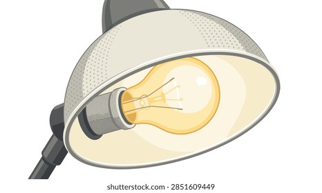 A detailed vector graphic showcasing a close-up view of a classic office desk lamp. The image features a rounded grey metal lampshade with a glowing incandescent light bulb inside. The exterior of the shade has decorative halftone dot patterns characteristic of comic book art styles. The lighting is warm and the background is a clean, solid white, making it suitable for graphic design and conceptual work regarding ideas or study.