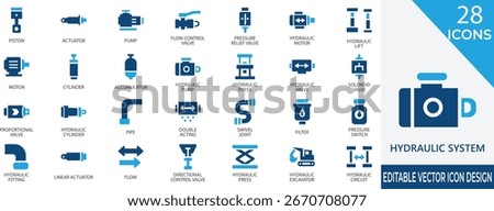 Detailed vector hydraulic system icons including cylinders, pumps, valves, actuators, and pressure control components. Perfect for engineering diagrams, technical manuals, and industrial presentations