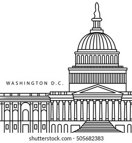 Detailed Vector Icon Of Capitol, Washington, United States. USA Symbol In Outline Style. Close Up View. Concept For Independence Day, Presidents Day For Elections To US Government.