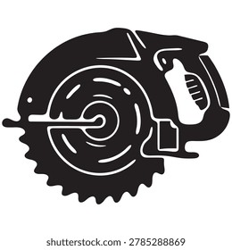 Detailed vector icon of electric power saw for carpentry. Silhouette of industrial machine for timber and metal processing.