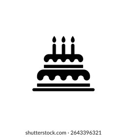 Detailed vector icon illustration displays a three-layer birthday cake with decorative frosting and three lit candles, set against a clean white background.