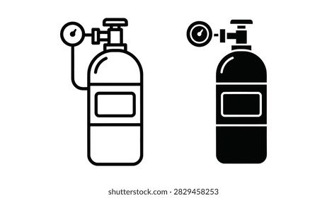 Detailed vector icon of an industrial gas cylinder equipped with a pressure gauge. This graphic is suitable for welding manufacturing laboratory and industrial safety documentation.