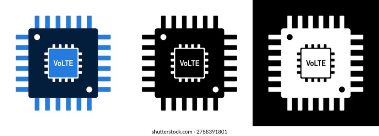 A detailed vector icon of a microchip with VoLTE text, symbolizing advanced mobile communication and voice over LTE technology.