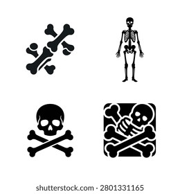 A detailed vector icon set featuring skeleton and bone symbols, ideal for medical, anatomy, healthcare, Halloween, archaeology, education, and biological science projects. Perfect for websites, mobile apps, infographics, educational materials, and seasonal designs.