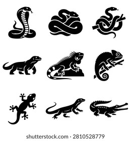 Detailed vector icon set featuring various reptiles and amphibians such as snakes, lizards, chameleons, geckos, and crocodiles, rendered in a bold black silhouette style.