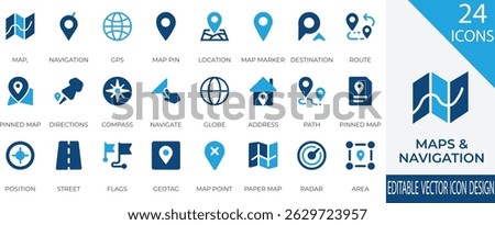 A detailed vector icon set focused on maps, navigation, and location tracking. Includes essential icons like GPS, compass, map pin, route, globe, and address. 