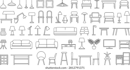 Detailed vector icons representing sofas, chairs, tables, lamps, and other household items perfect for architectural plans and interior decor.