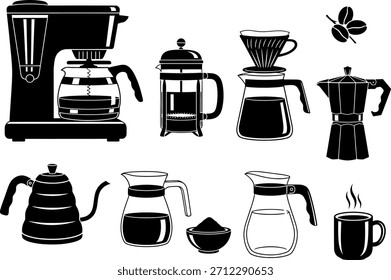 Iconos vectoriales detallados de varios métodos y equipos de elaboración de café para cafés o diseños de uso doméstico.