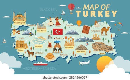 A detailed vector illustrated map of Turkey featuring famous tourist attractions, historical landmarks, traditional food, cultural elements, and major cities like Istanbul, Ankara, Cappadocia, and Pamukkale.