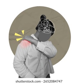 A detailed vector illustrating a person expressing physical discomfort and mental stress, portraying themes of wellness and self-care.