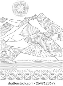 Detailed vector illustration of abstract mountains with intricate patterns and a stylized sun, perfect for adult and children's coloring books, mindfulness, and creative projects.