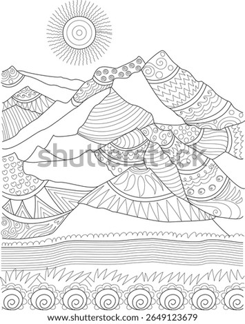 Detailed vector illustration of abstract mountains with intricate patterns and a stylized sun, perfect for adult and children's coloring books, mindfulness, and creative projects.