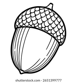 Detailed vector illustration of an acorn with a textured cap, showcasing intricate line art and a unique, stylized design ideal for autumn-themed projects.